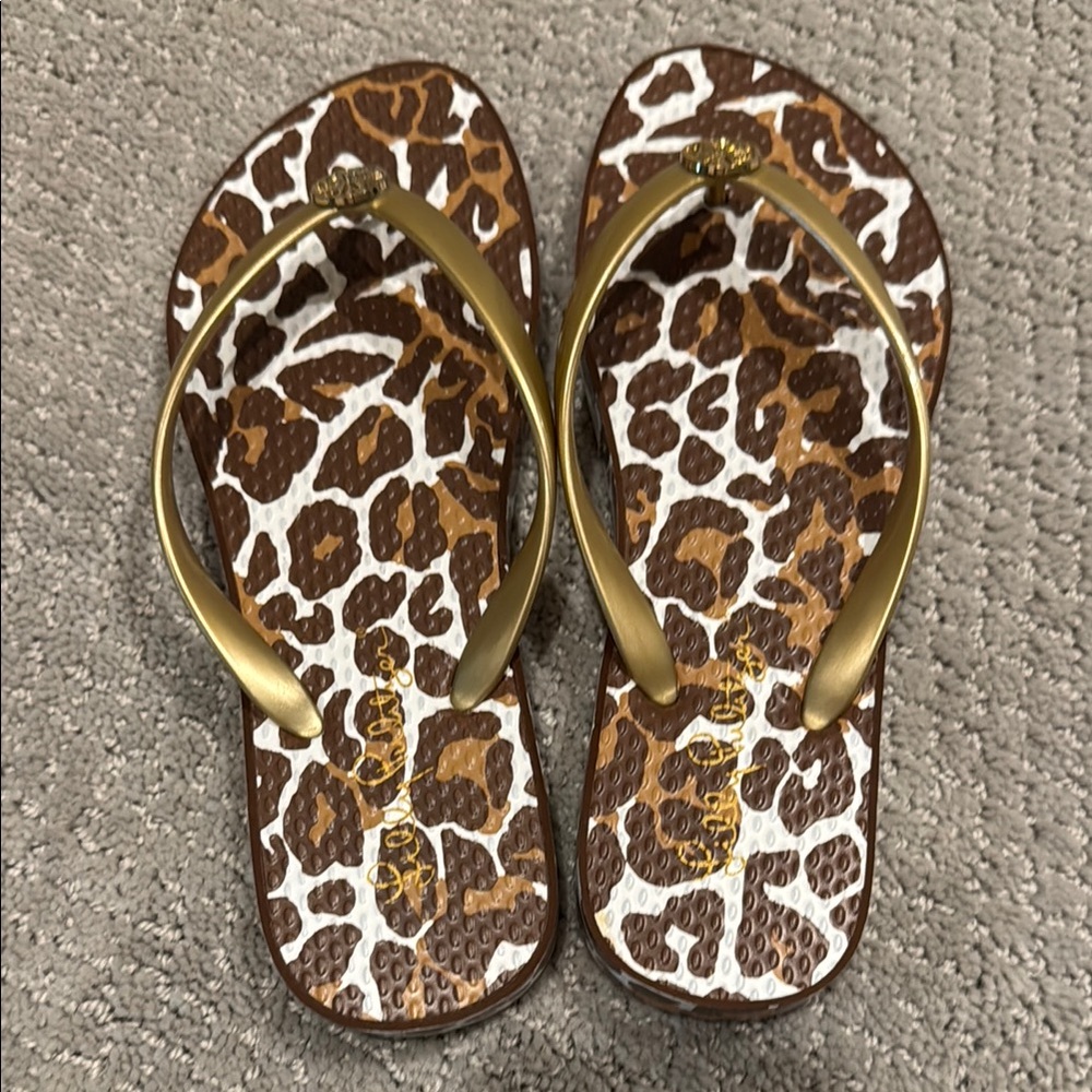 Animal Print Flip Flops with Gold Straps